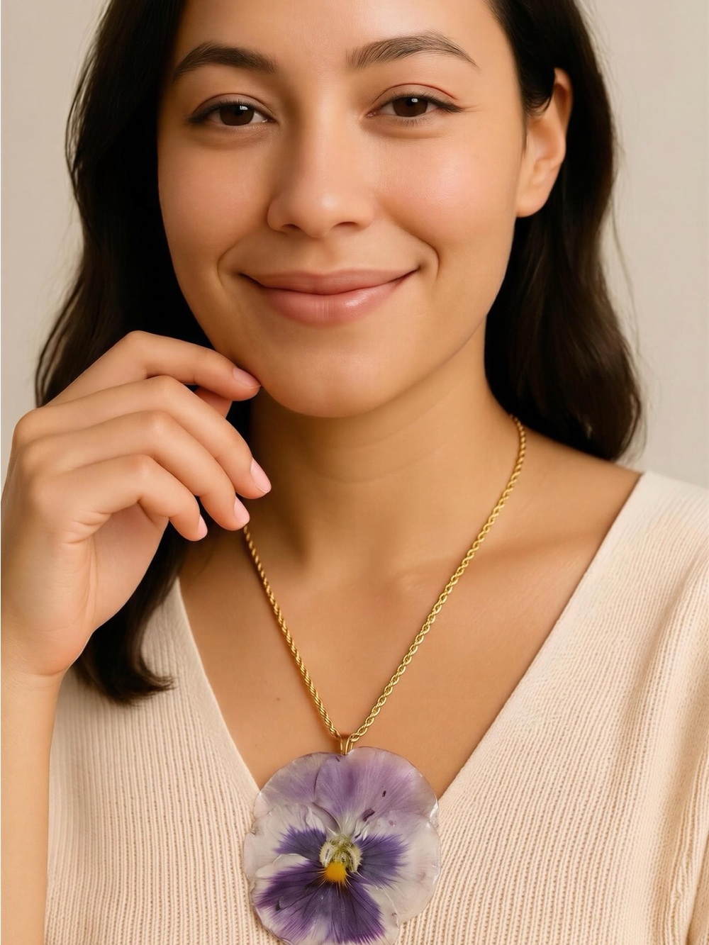 Gold Chain Necklace with Purple Pansy Flower Pendant
